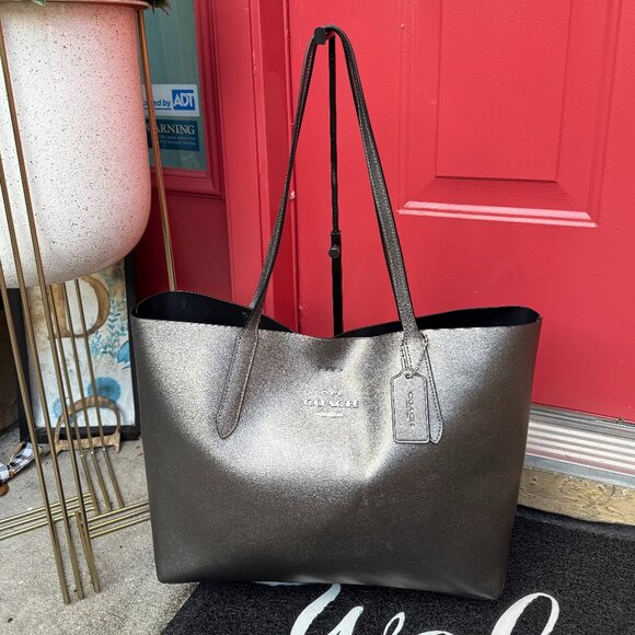 COACH AVENUE TOTE METALLIC PEWTER SILVER LEATHER SHOULDER BAG WORK TRAVEL CASUAL - Picture 1 of 13